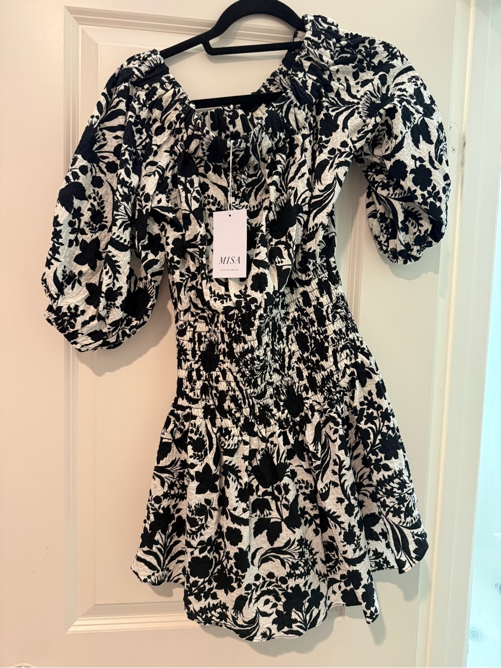 Misa Los Angeles Black and White Floral Puff Sleeve Smocked Dress